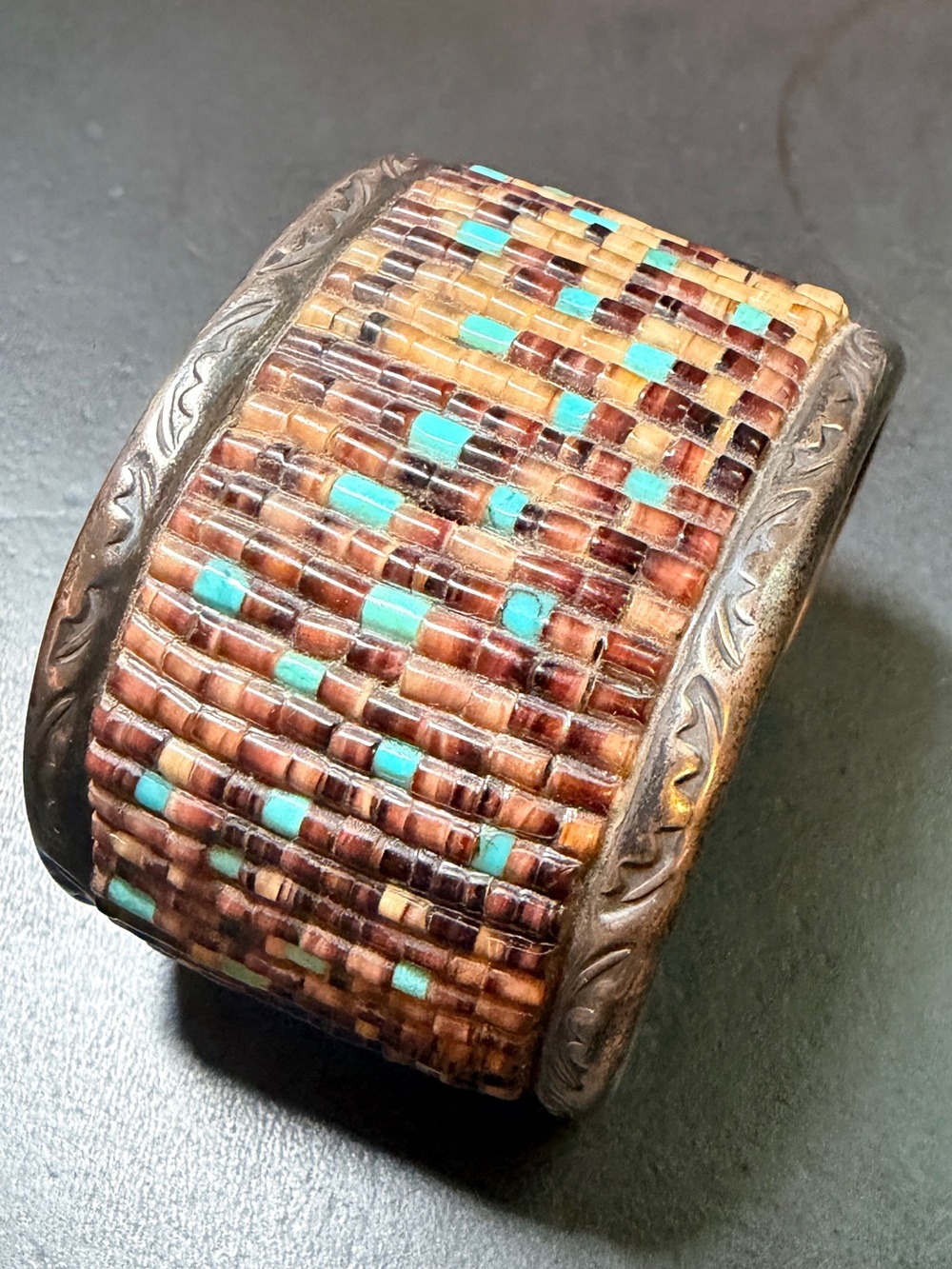 Native American Navajo Sterling Silver Penshell & Turquoise Heshi Cuff Bracelet - Picture 9 of 16